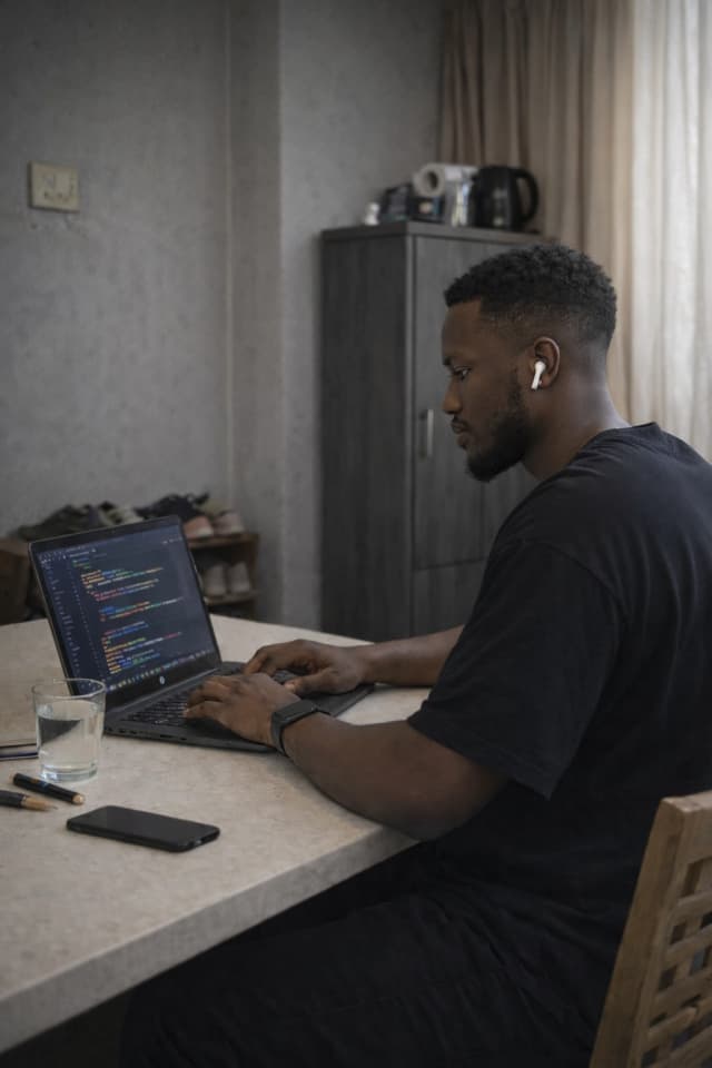 Portrait of Mafabi Hussein working on a laptop
